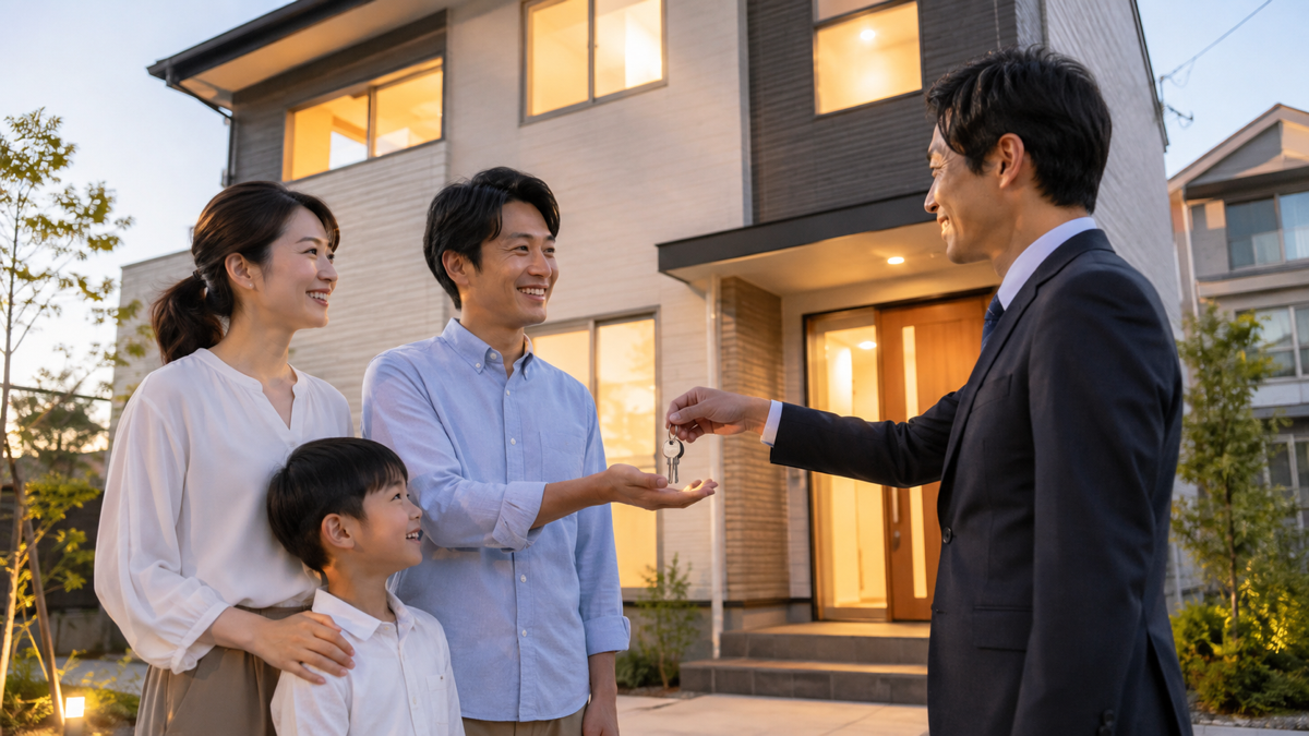 新築住宅の引き渡しを受ける家族のイメージ