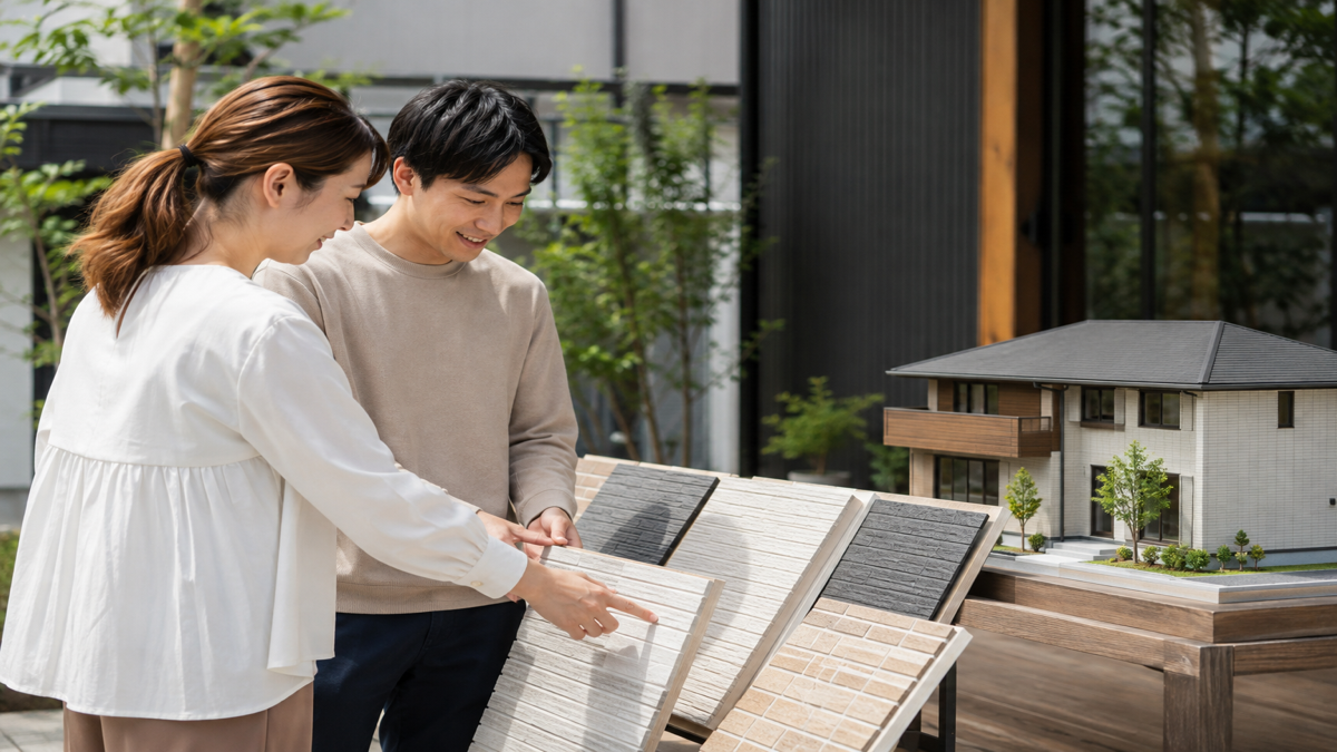 外壁サンプルを比べる夫婦のイメージ