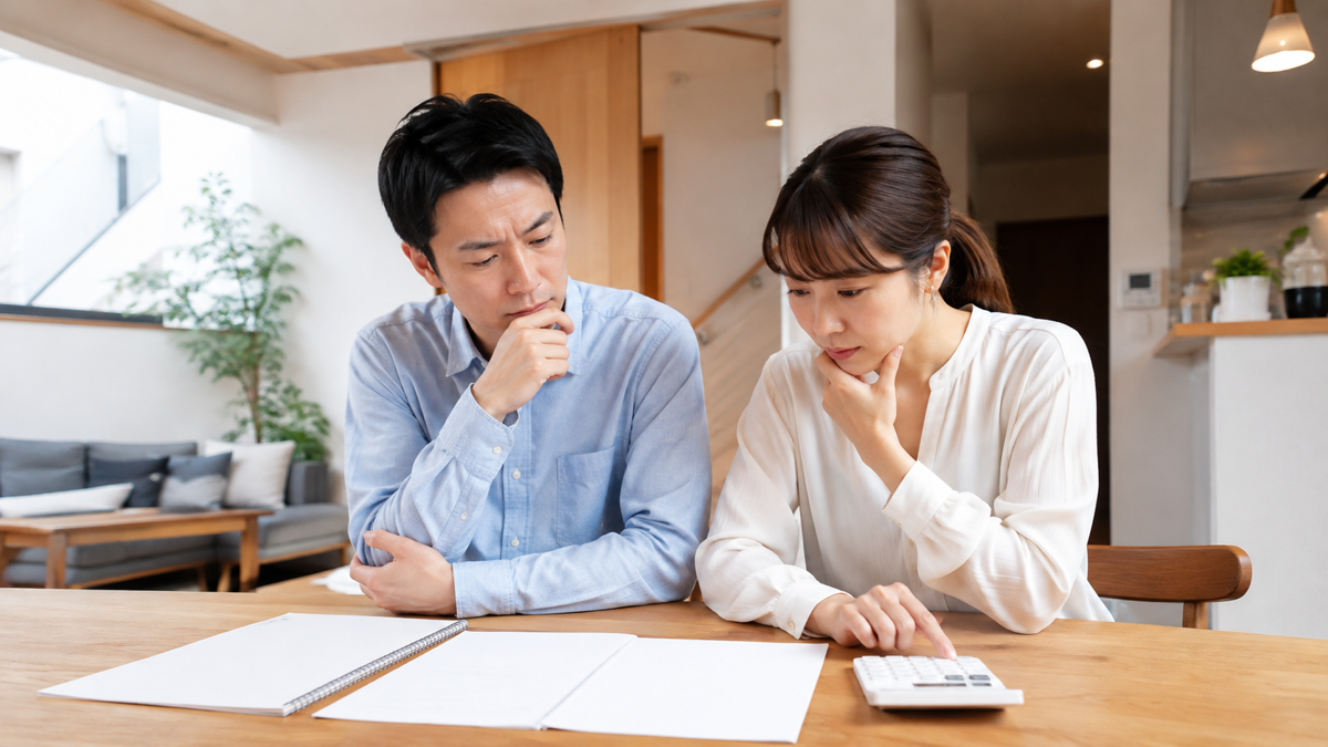 住宅予算の資料を見比べる夫婦のイメージ