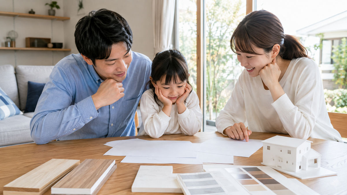 住宅の素材と予算を相談する家族のイメージ
