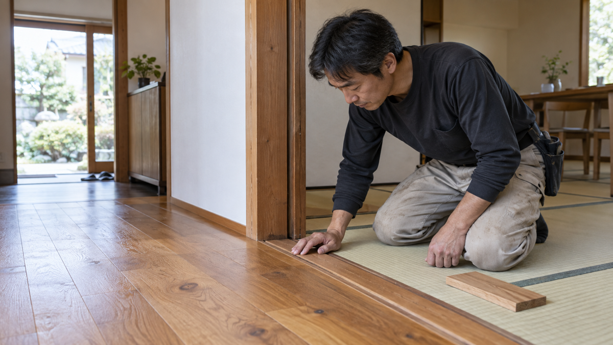 一軒家の出入り口付近で床の状態を確認する職人のイメージ