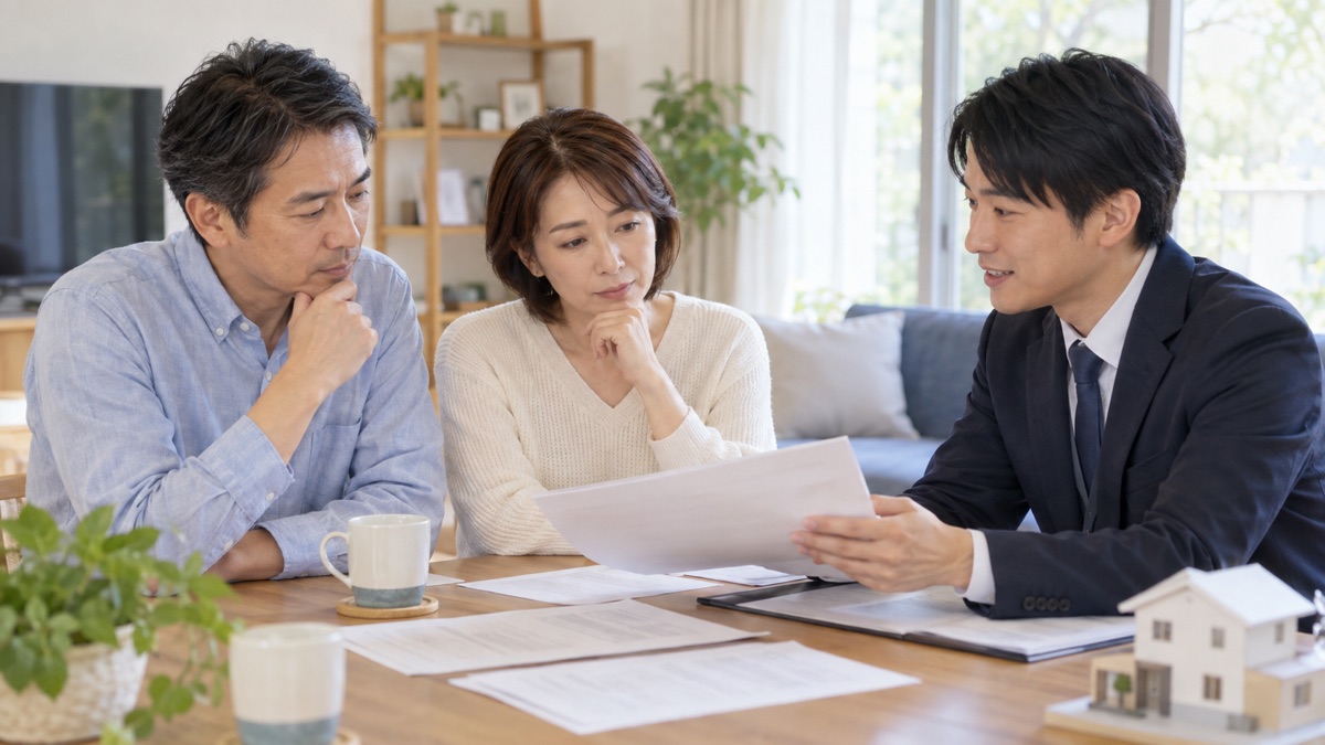給湯費の見積書を家族と担当者が確認するイメージ
