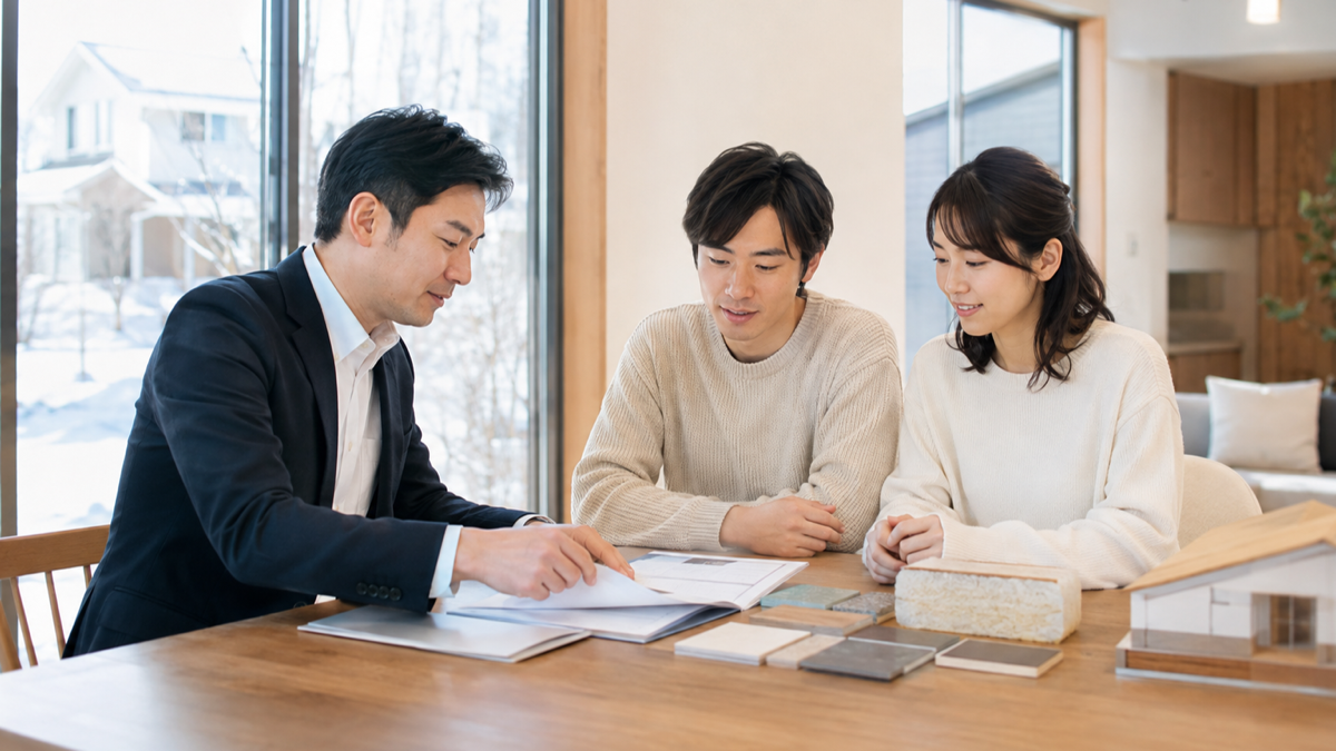 住宅の契約書と仕様を確認する家族のイメージ