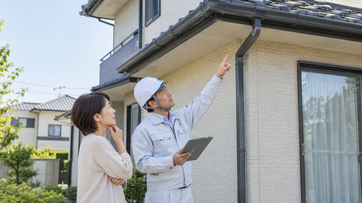 戸建ての外壁と屋根を点検する施工担当者