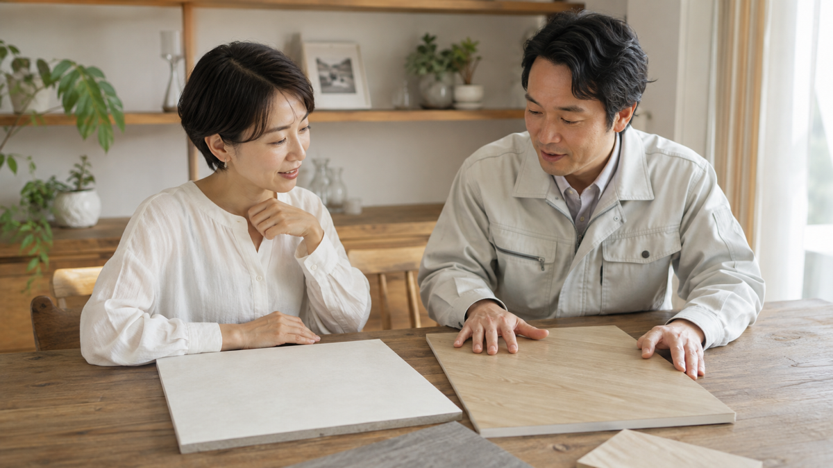 床材と壁材の見本を相談する住人と担当者のイメージ
