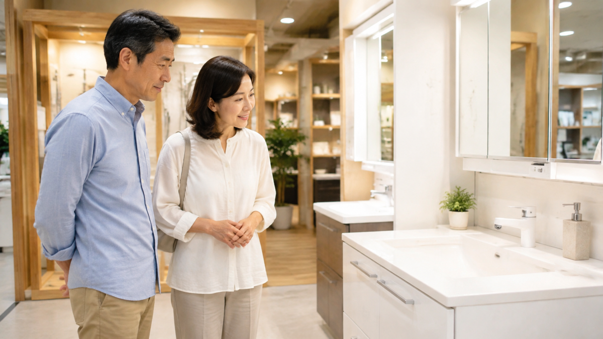 住宅設備の展示を見ながら相談するイメージ
