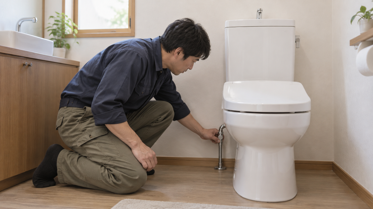 トイレの設置状態を確認する施工担当者のイメージ