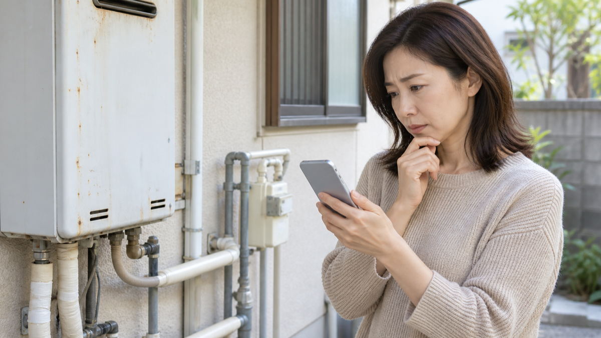 住宅設備の交換見積もりをスマートフォンで確認する女性