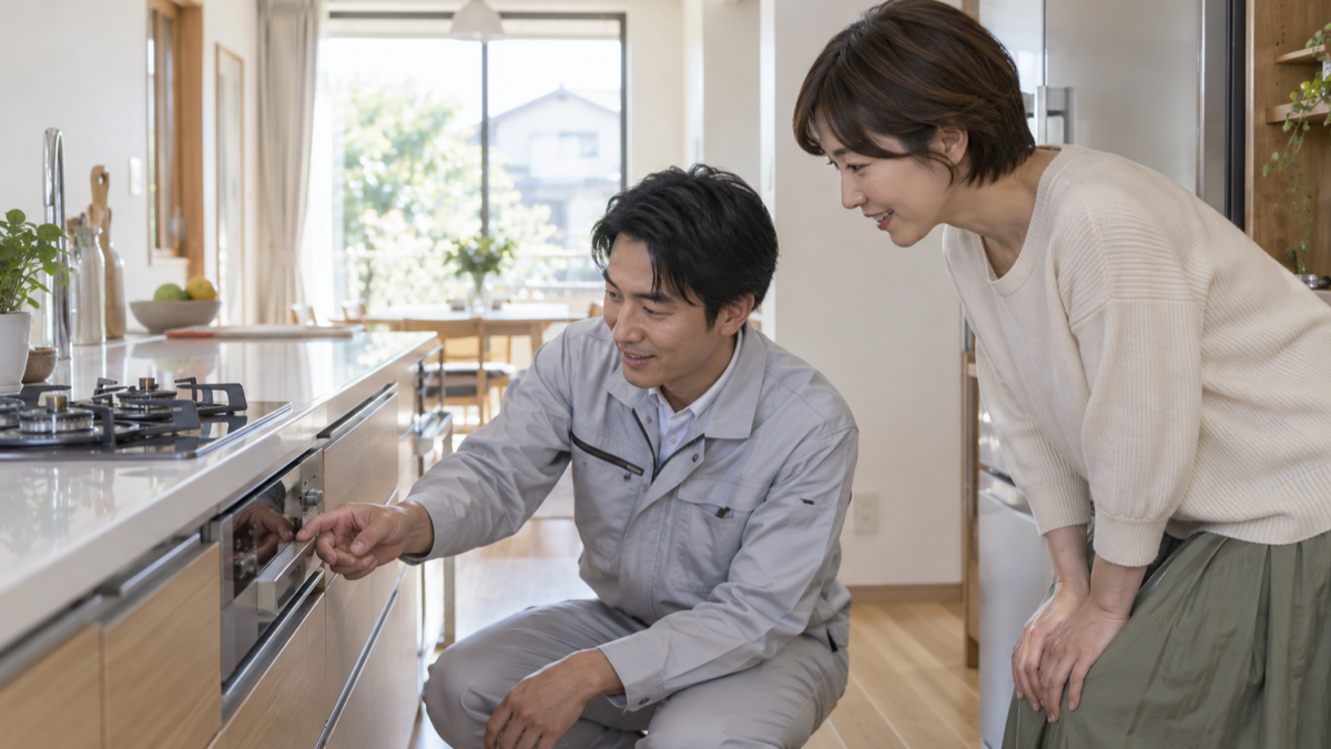 交換後の住宅設備を利用者と点検する作業員
