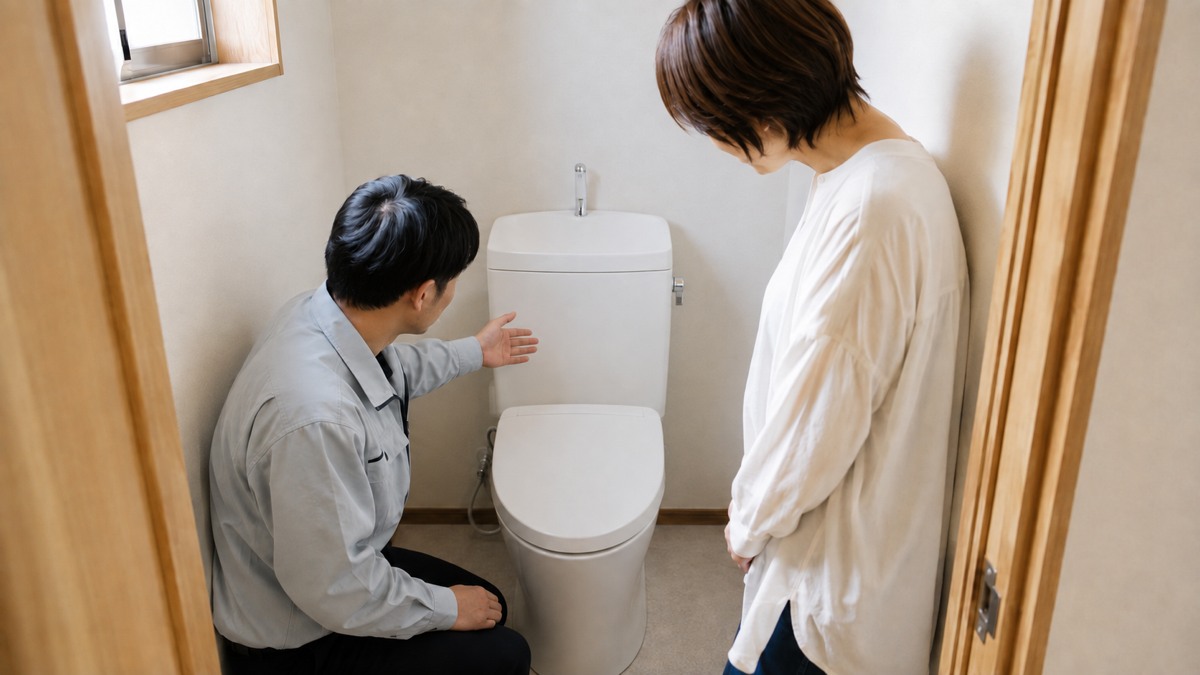トイレの状態と工事内容を担当者に相談するイメージ