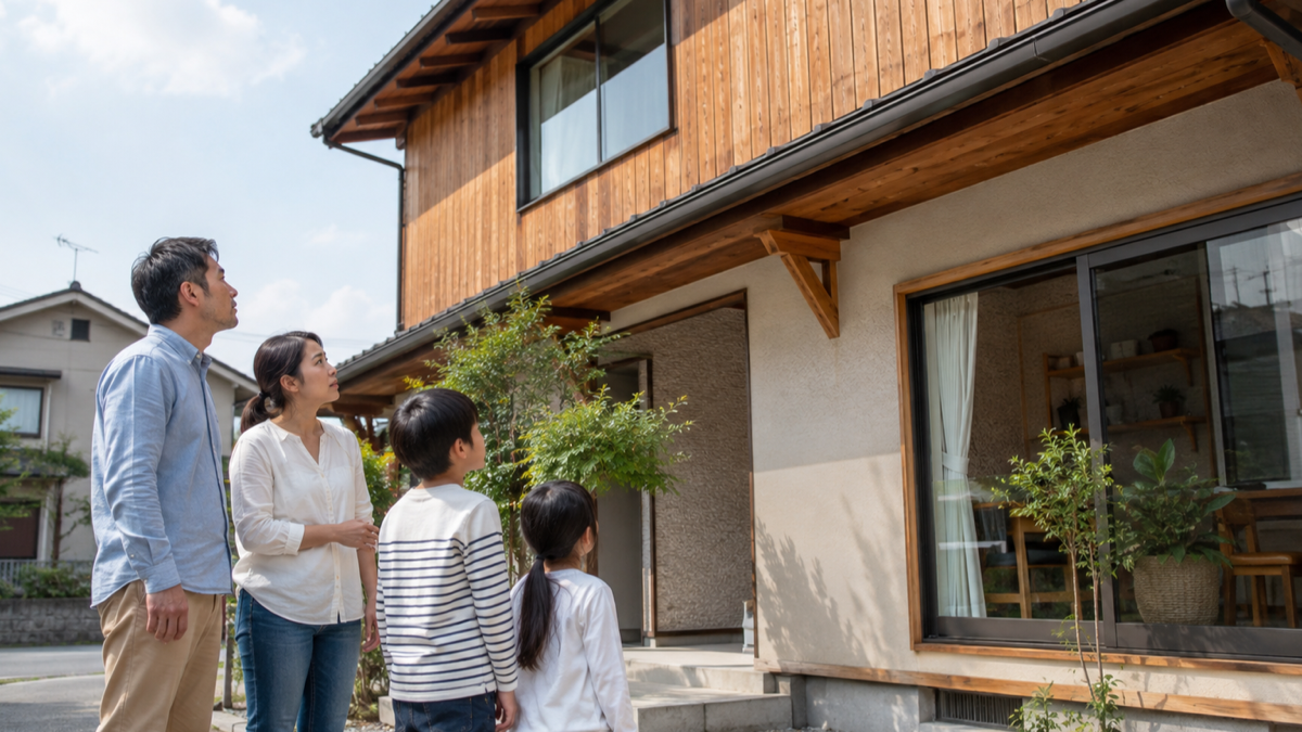地震後に住宅の安全を確認する家族のイメージ