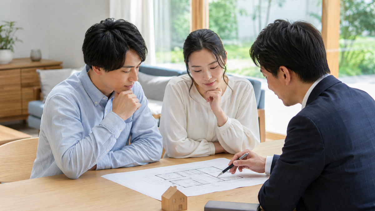 住宅の構造図を確認する夫婦のイメージ