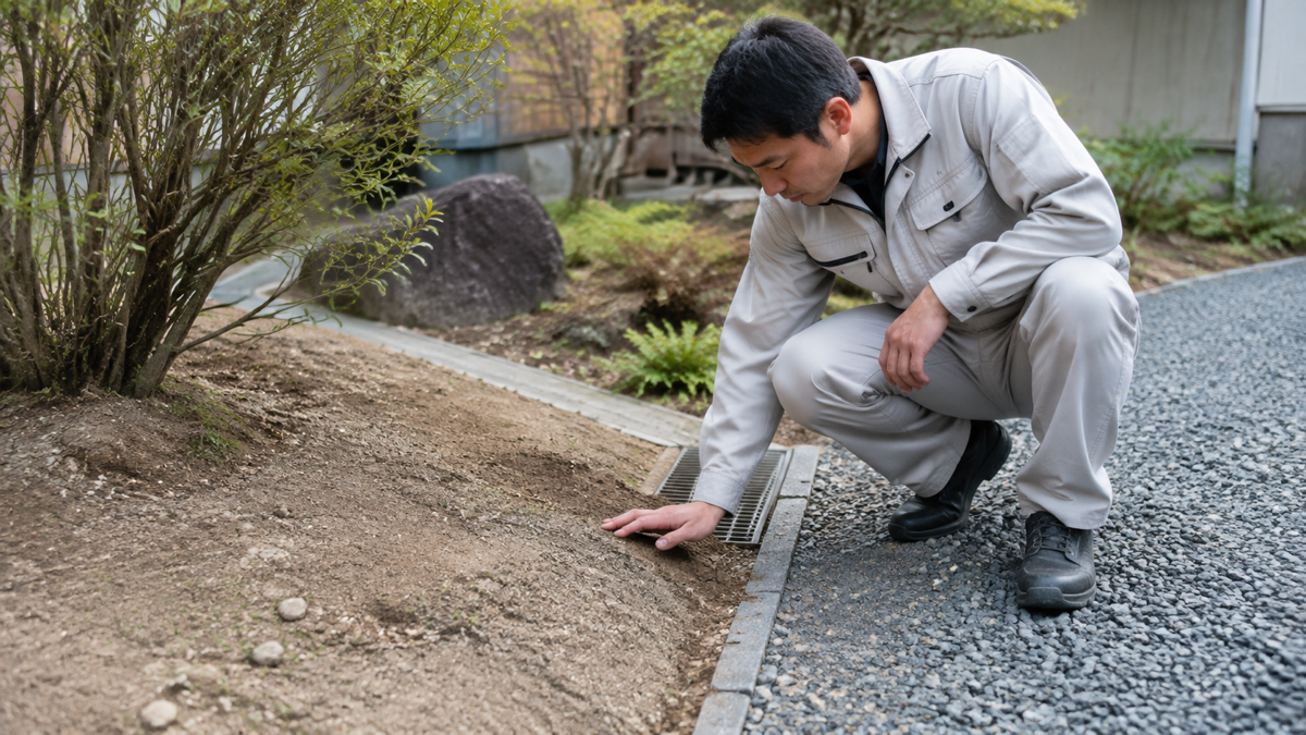 庭の地面を確認する施工担当者のイメージ
