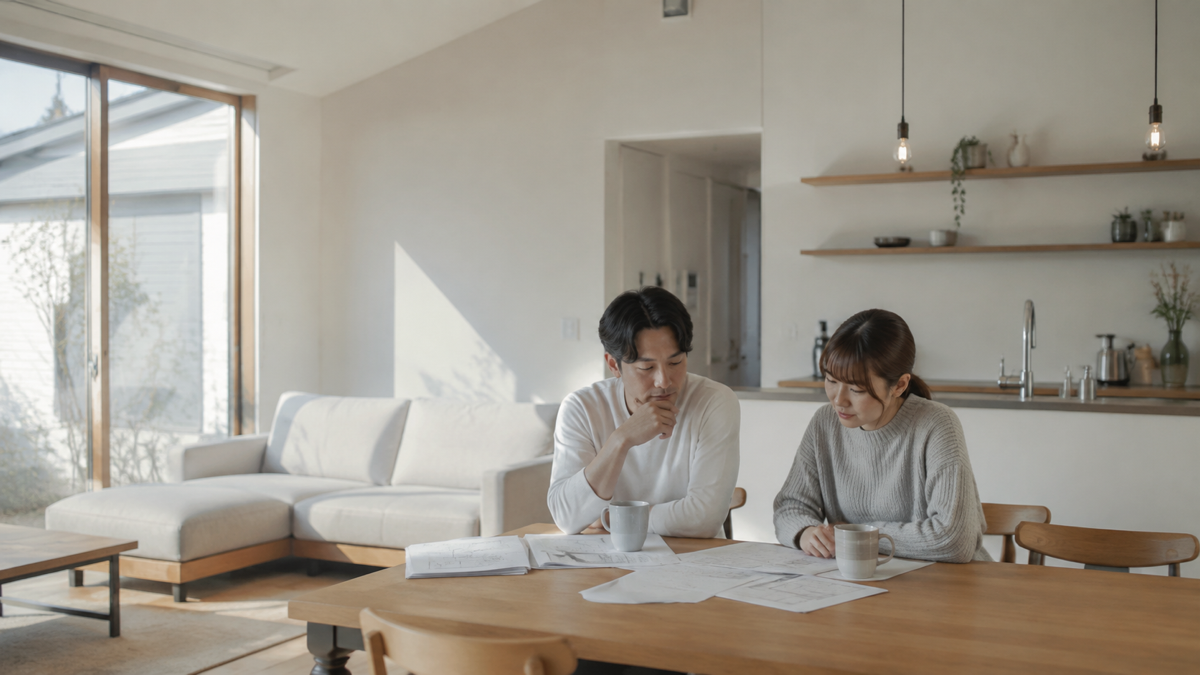 平屋の予算と間取りを相談する夫婦