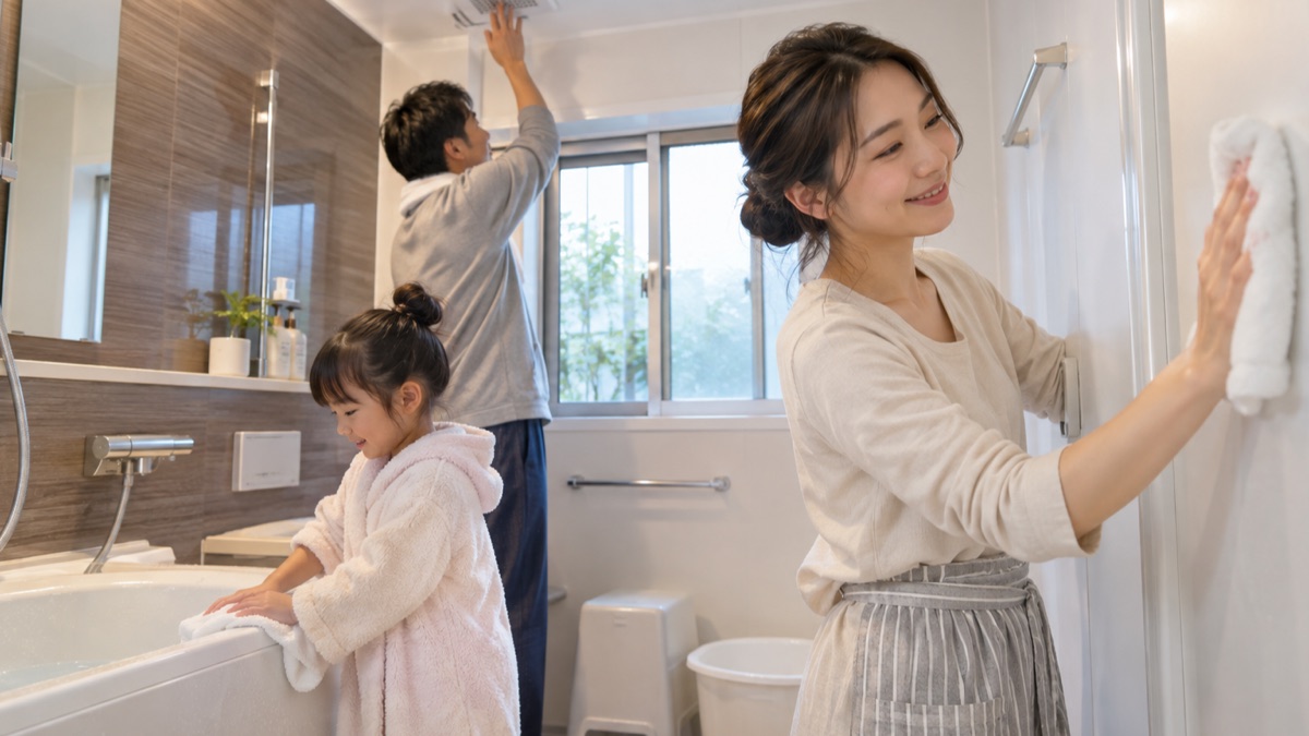 入浴後に浴室を換気して水滴を拭く家族