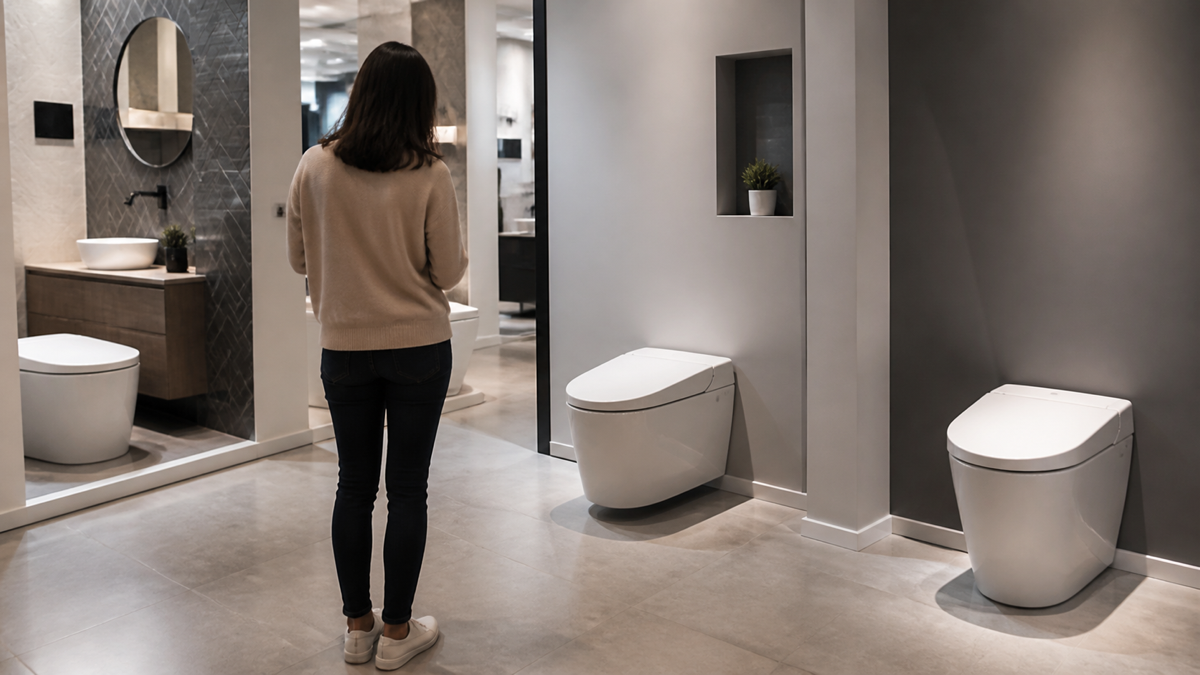 トイレの展示で使い勝手を確認する住人のイメージ