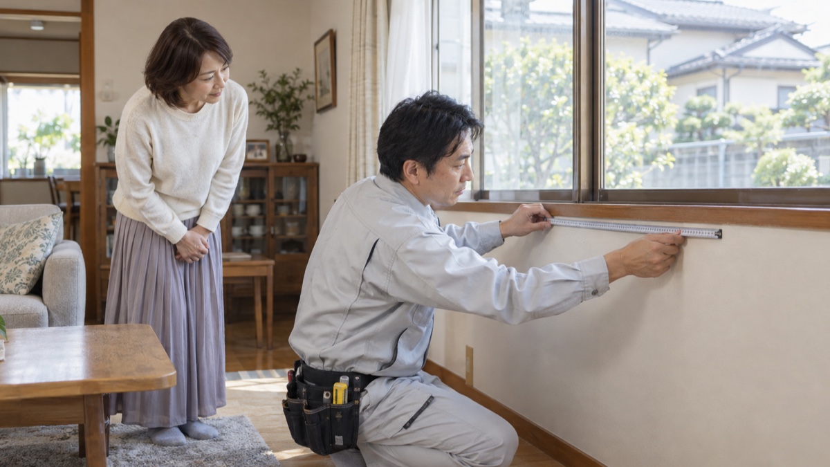 住宅の窓と壁を調査するリフォーム担当者