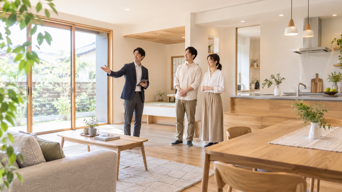 完成したリフォーム住宅を家族と担当者が確認する様子