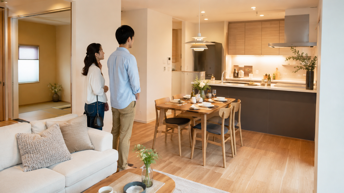 使いやすい住宅内観を見学する夫婦のイメージ
