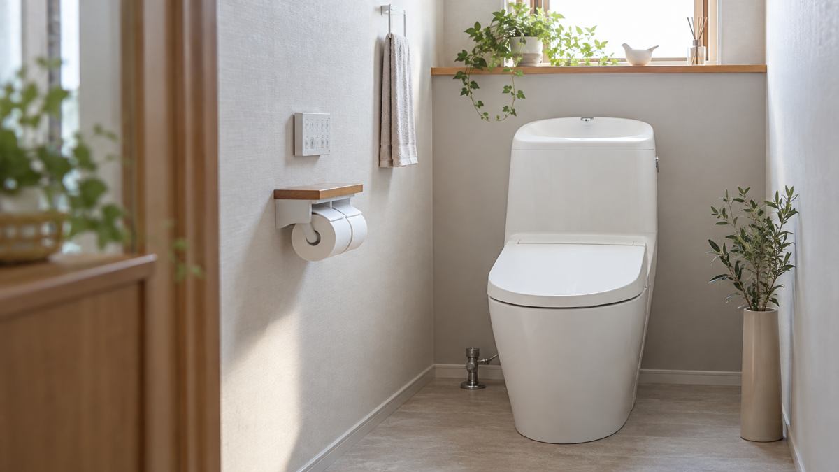 丸みのあるタンク式トイレを検討する様子
