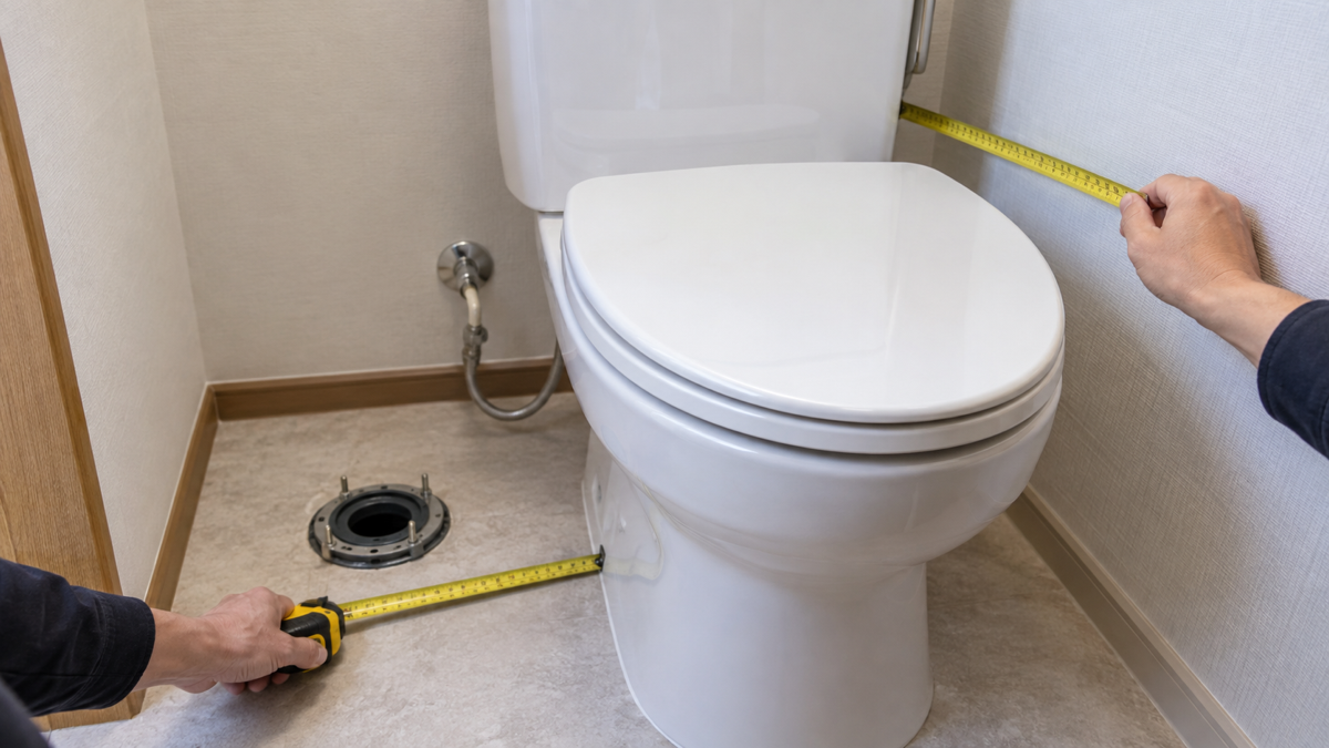 トイレ交換前に排水位置を測る様子