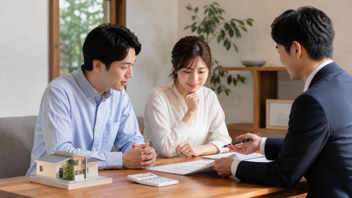 住宅模型と家計表を確認する夫婦