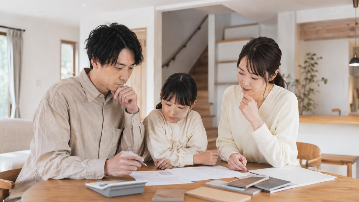 住宅の総費用を計算する家族のイメージ