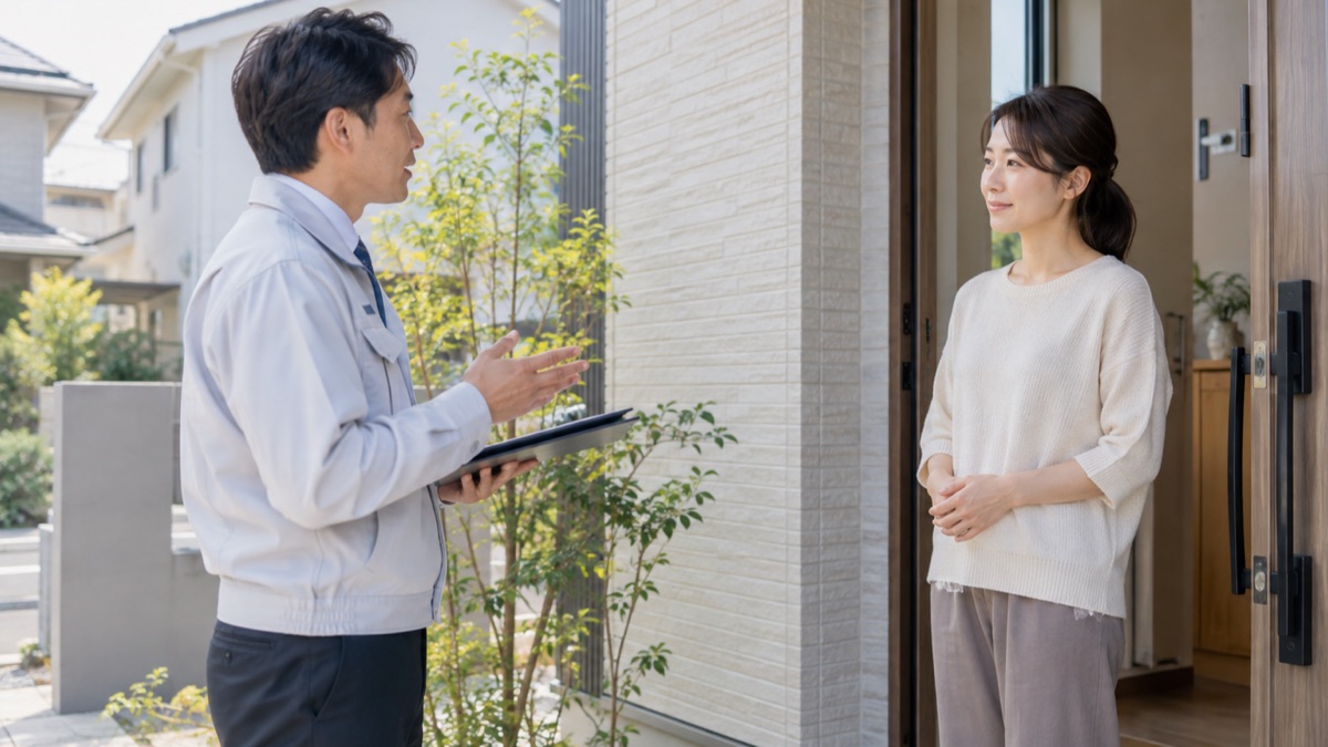 外壁リフォームの訪問営業について玄関先で話を聞く女性