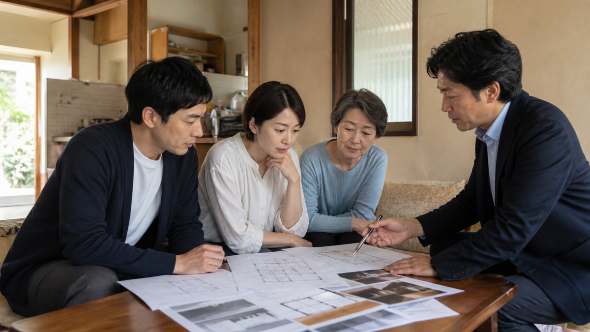 戸建てを大規模改修する家族とリフォーム担当者