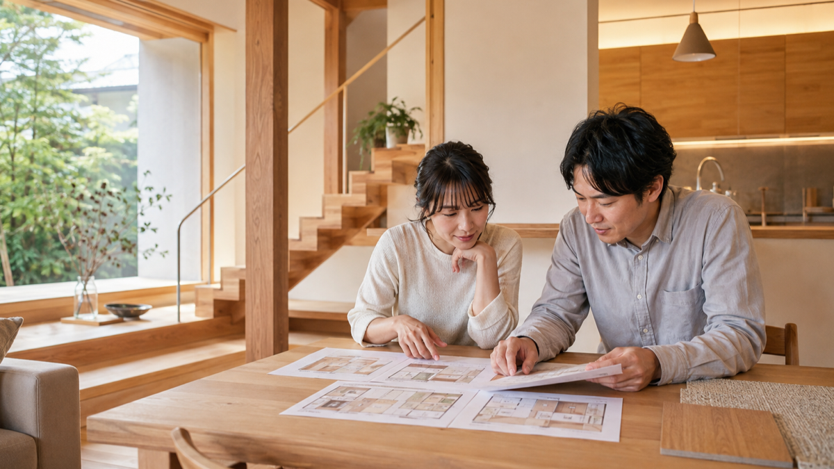 木質感のある住宅プランを選ぶ夫婦のイメージ