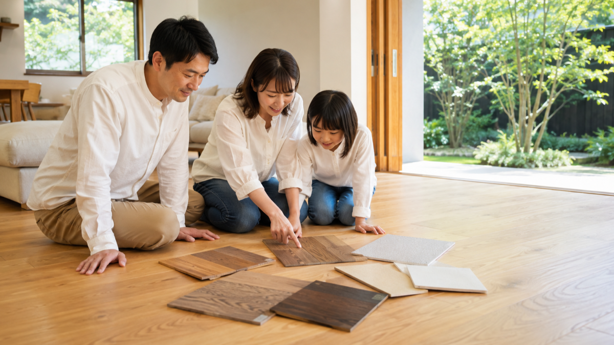 半規格住宅の仕様を確認する家族のイメージ