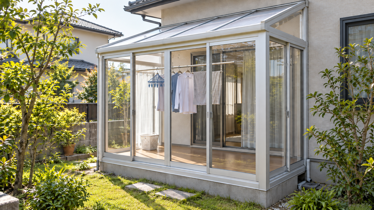 戸建ての庭側に後付けしたコンパクトなサンルームのイメージ