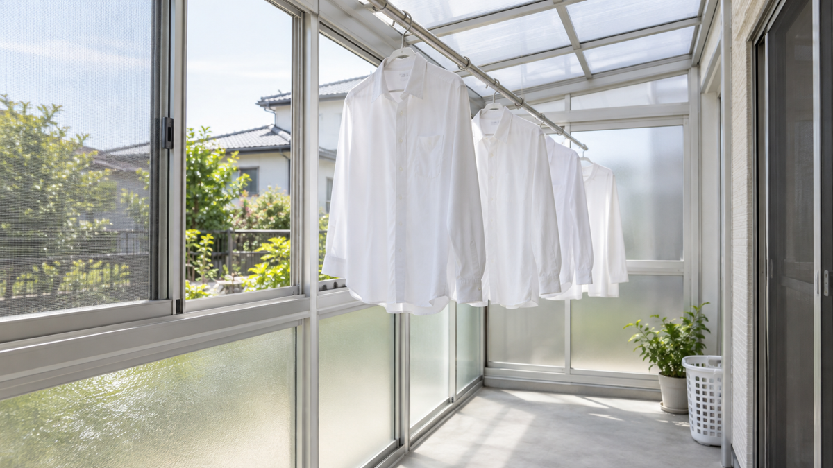 換気用の開口部と物干しを備えたサンルームの内部