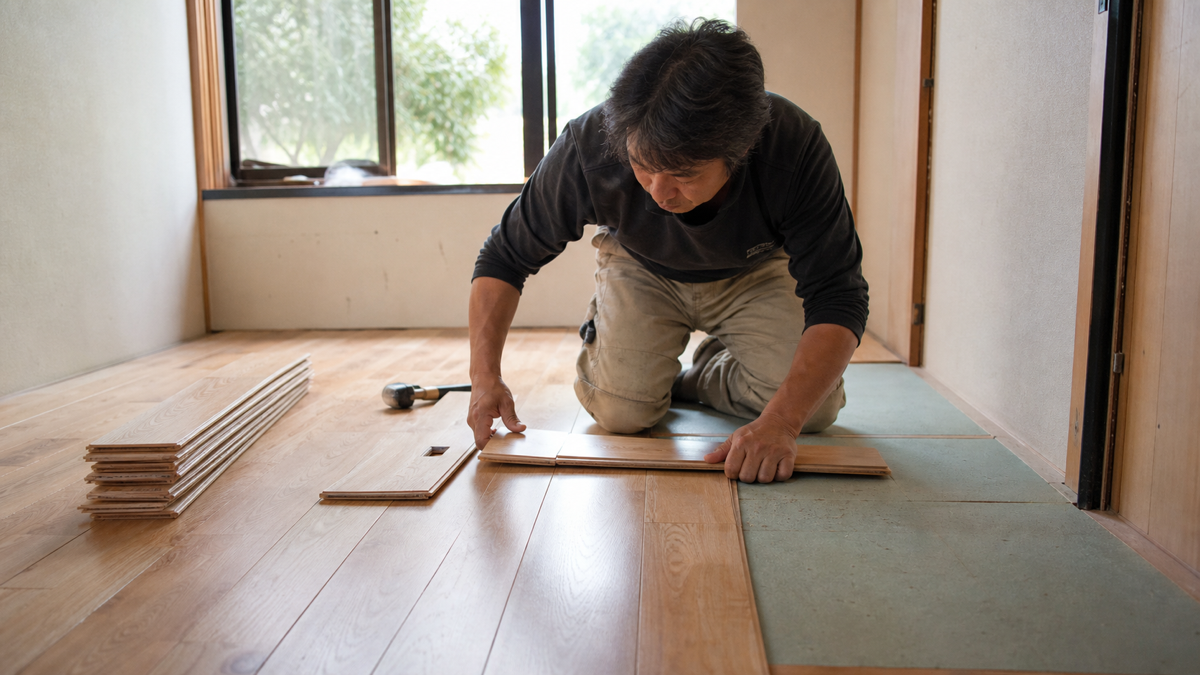床板を丁寧に施工する職人のイメージ