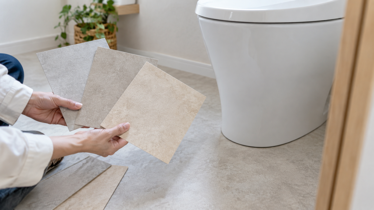トイレで床材の色見本を比べる様子