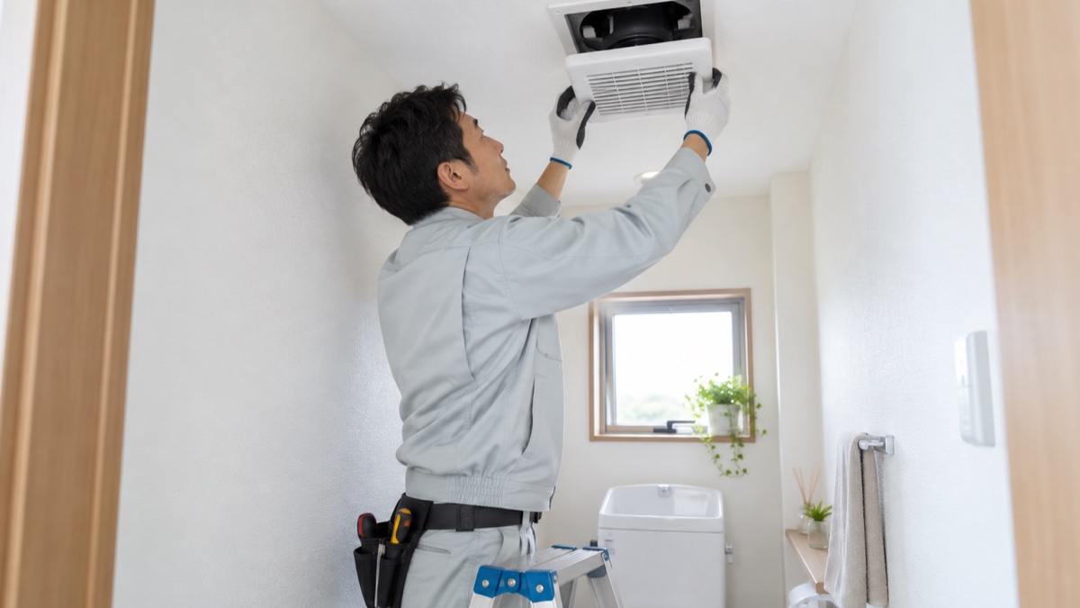 トイレの天井換気扇を交換する電気工事業者