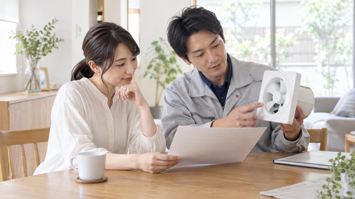トイレ換気扇と見積書を業者と確認する様子