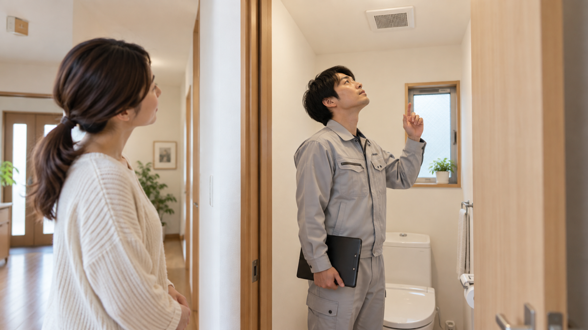 トイレの換気扇の状態を確認する施工担当者