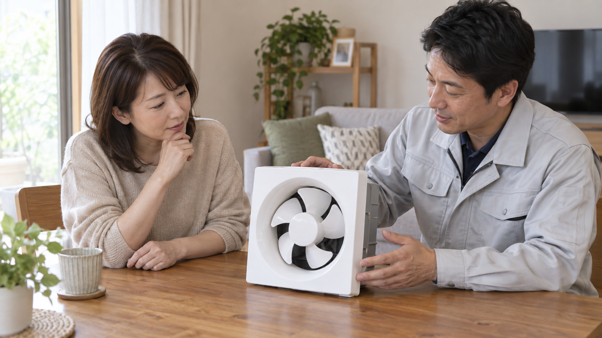 交換用の換気扇について担当者と相談する住まい手