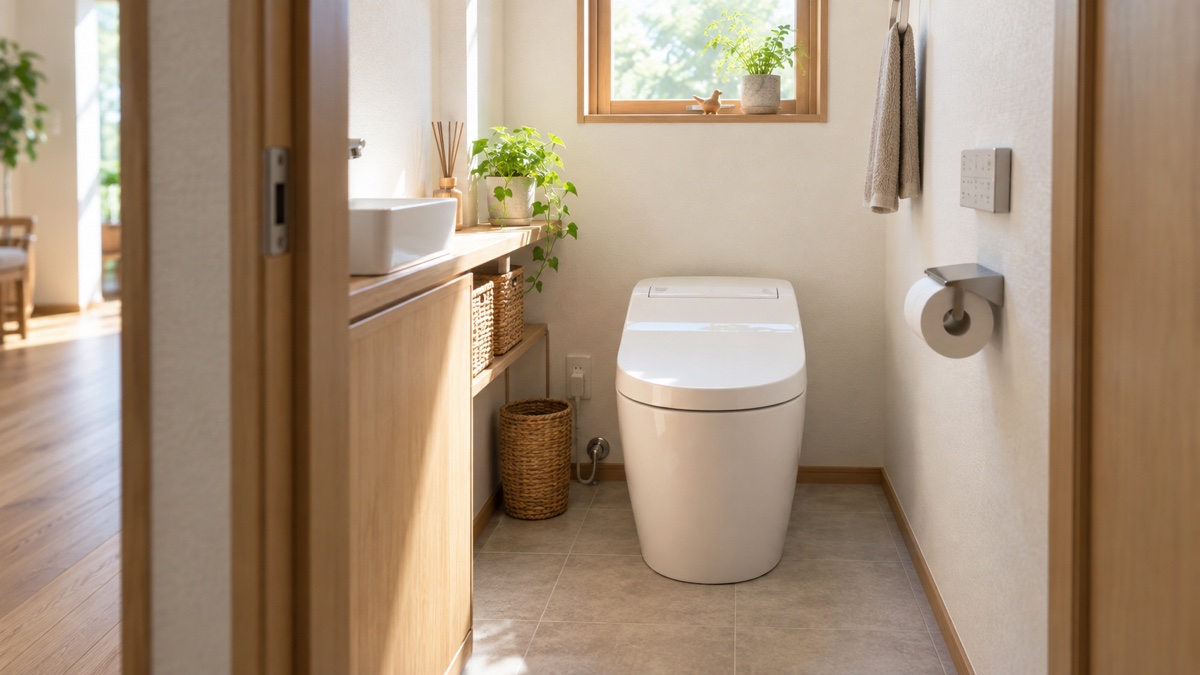 明るいトイレ空間と温水洗浄便座のイメージ