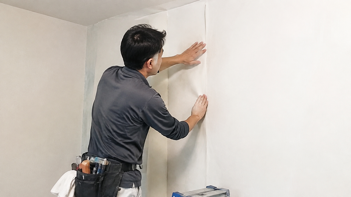 壁紙を丁寧に施工する職人のイメージ