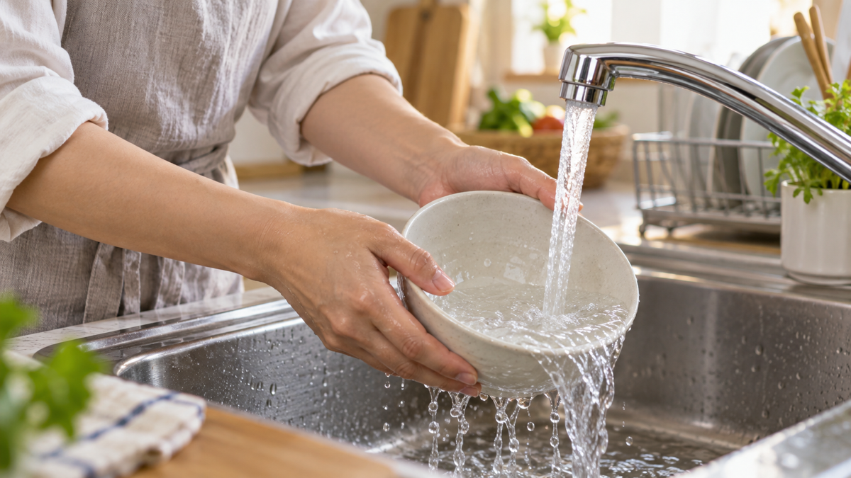 キッチンで温かいお湯を使って食器を洗うイメージ