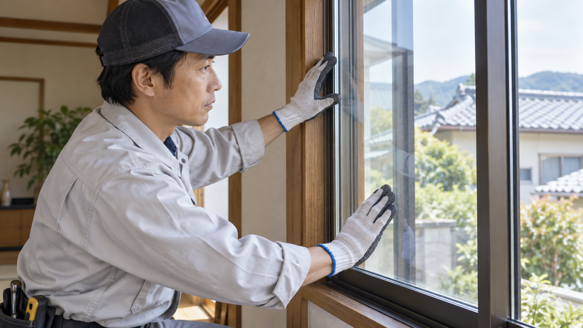 窓枠に入ったガラスの状態を確認する職人
