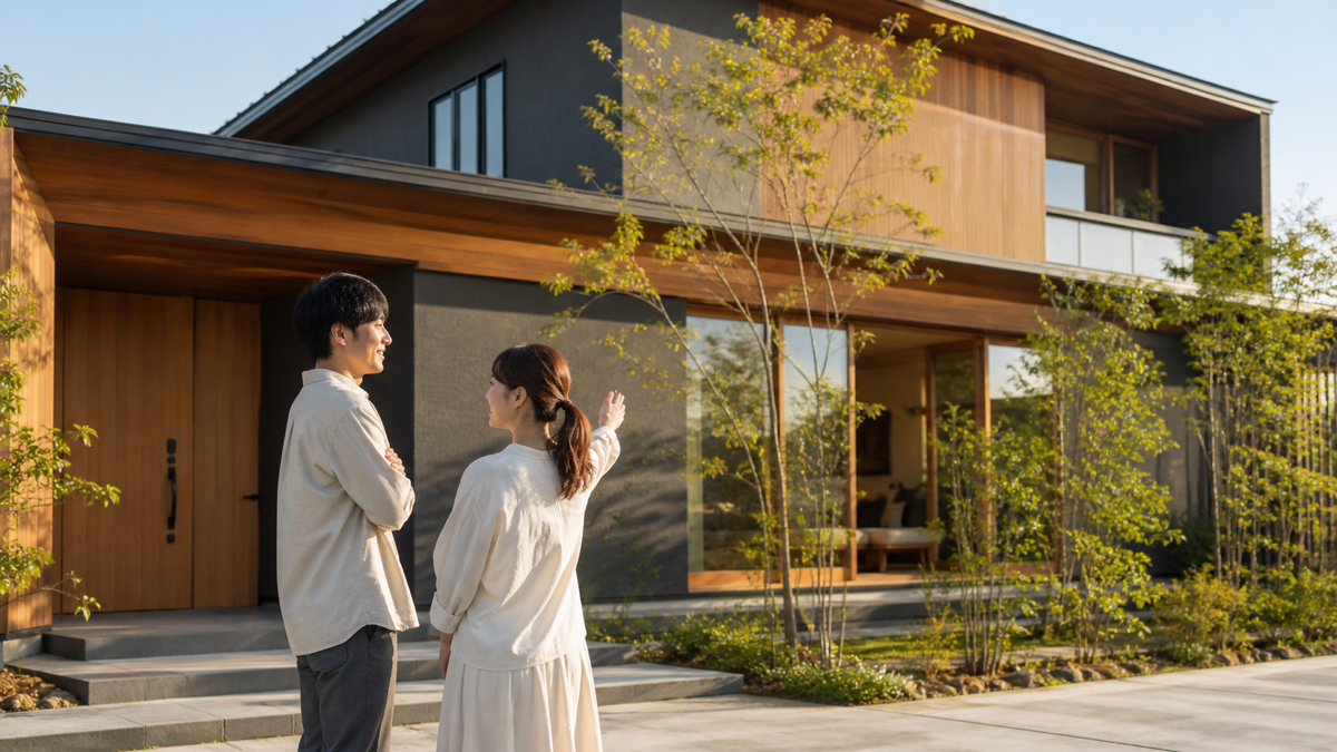 住宅模型と見積書を確認する夫婦と建築士