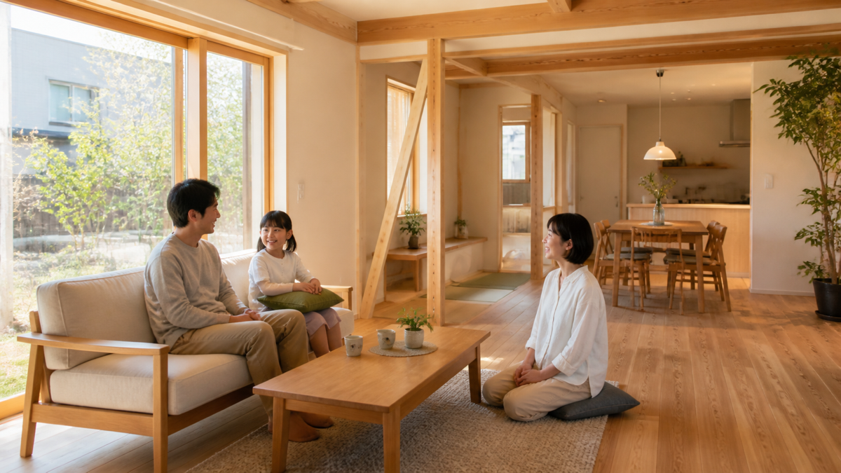 自然素材の明るいリビングで過ごす家族