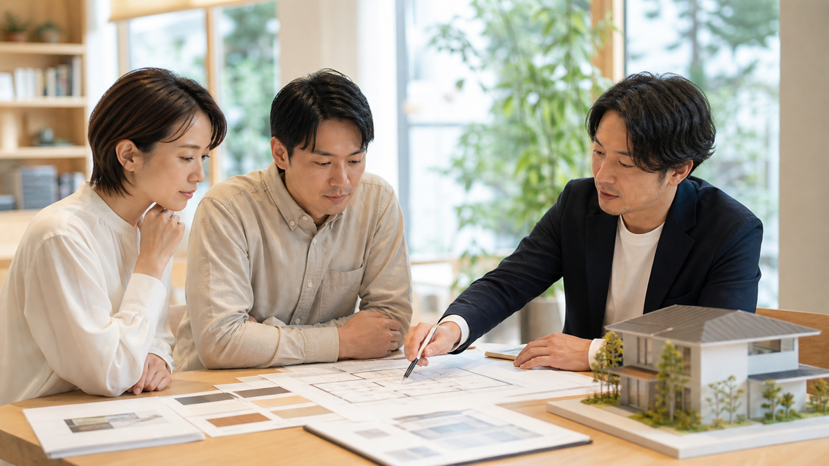 高性能な注文住宅の前で予算を話し合う夫婦