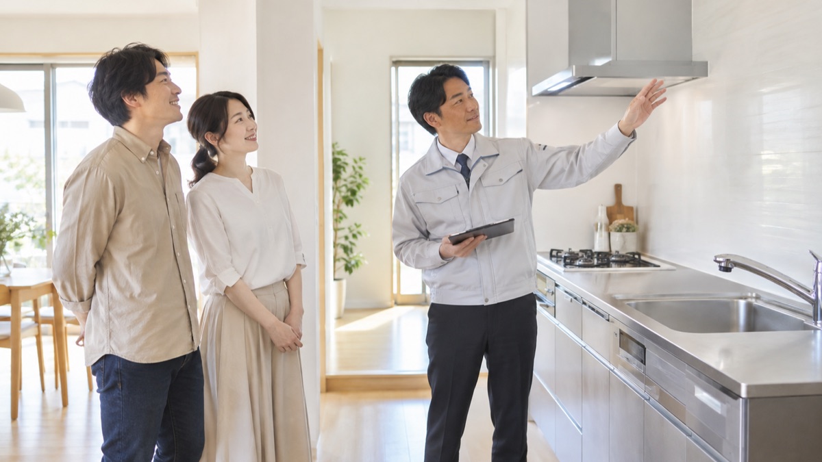 完成したキッチンを施工担当者と確認する夫婦