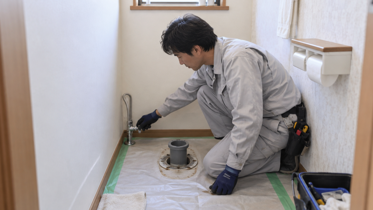 トイレ交換前に排水口と給水位置を確認する作業員