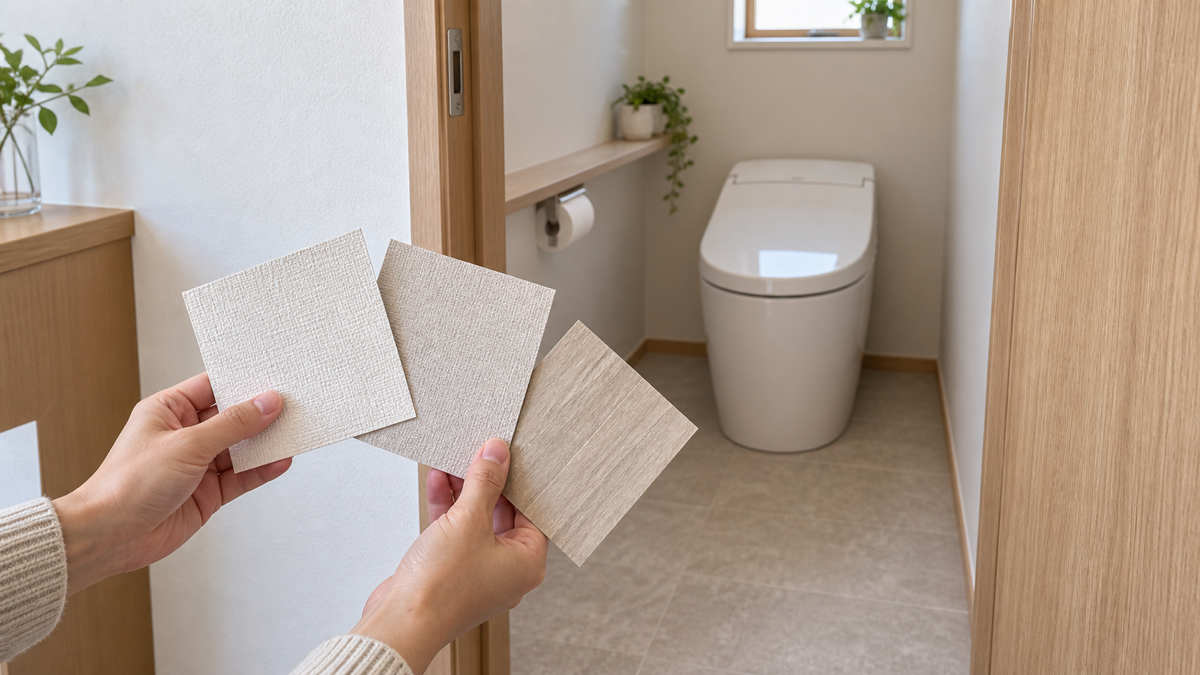 トイレの壁紙と床材のサンプルを比べるイメージ
