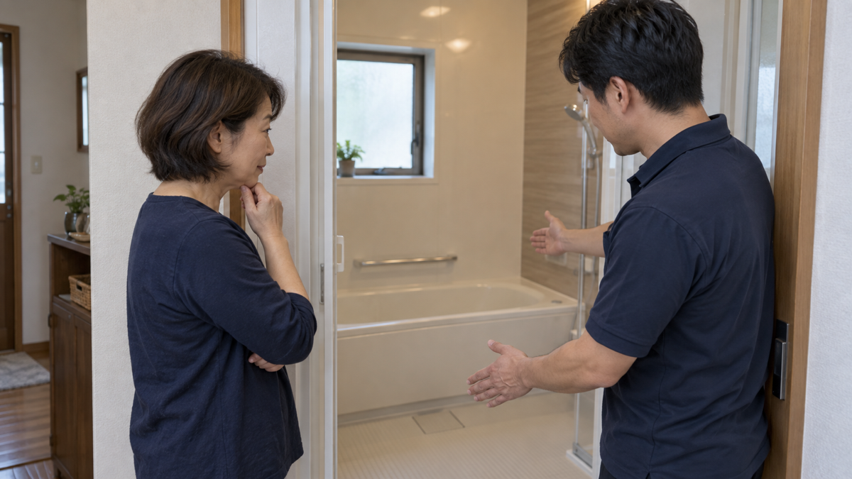 浴室の入口と広さについて相談するイメージ
